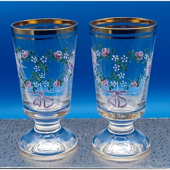 2 Antique Moser Enameled Pedestal Glasses Gold Rim Purple Floral Swags Design - Picture 9 of 16